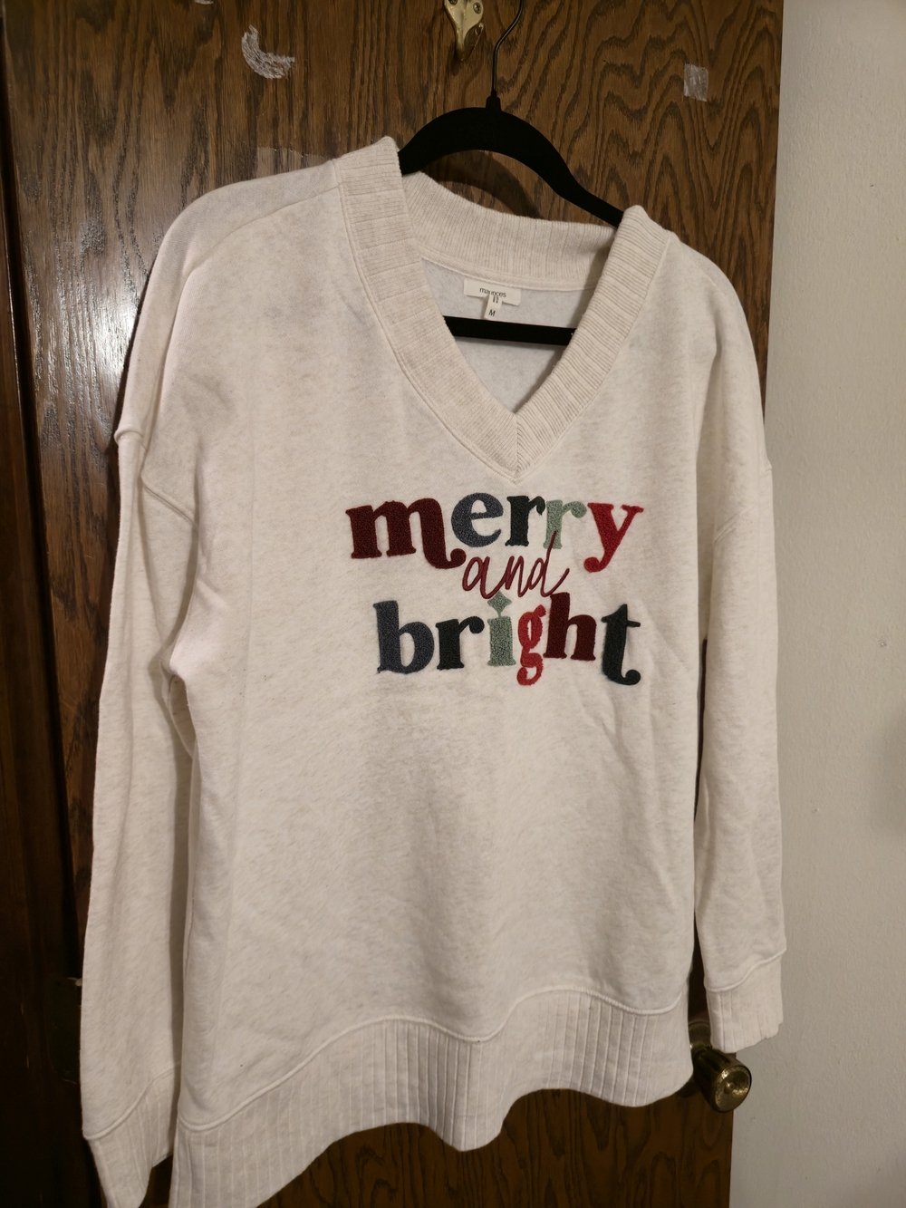 Maurices Cream V-Neck Sweatshirt with Multicolor 'Merry and Bright' Embroidery